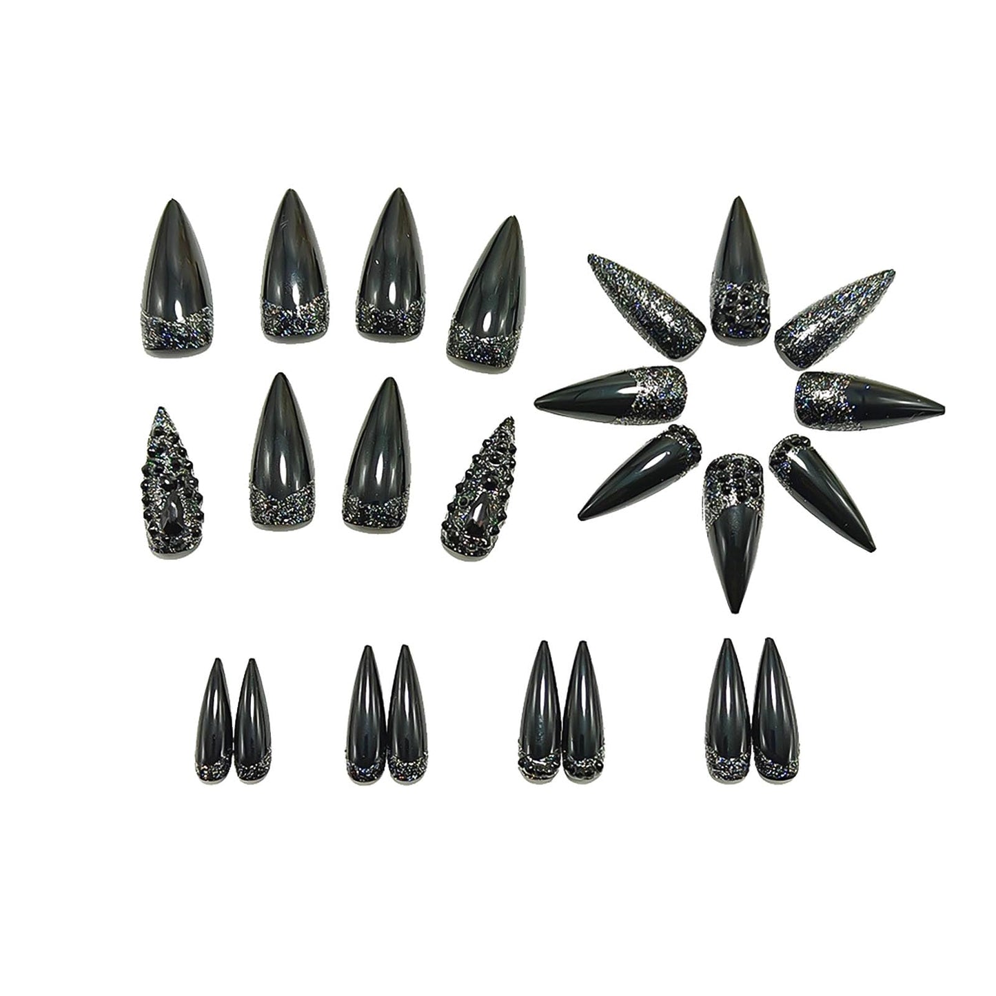 RUOKEXIN Long Almond Press on Nails French Tip Fake Nails Black False Nails with Rhinestones Designs Stiletto Nail Press ons Sparkly Artificial Nails for Women 24Pcs