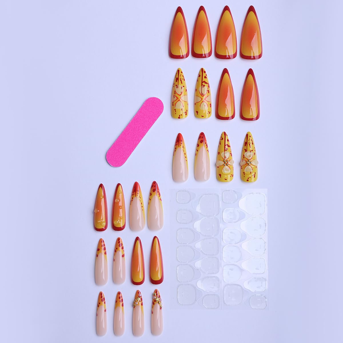 Long Stiletto Coral Press on Nails - French Tip with 3D Flower & Gold Starfish, Full Cover Glossy Fake Nails 24PCS for Women