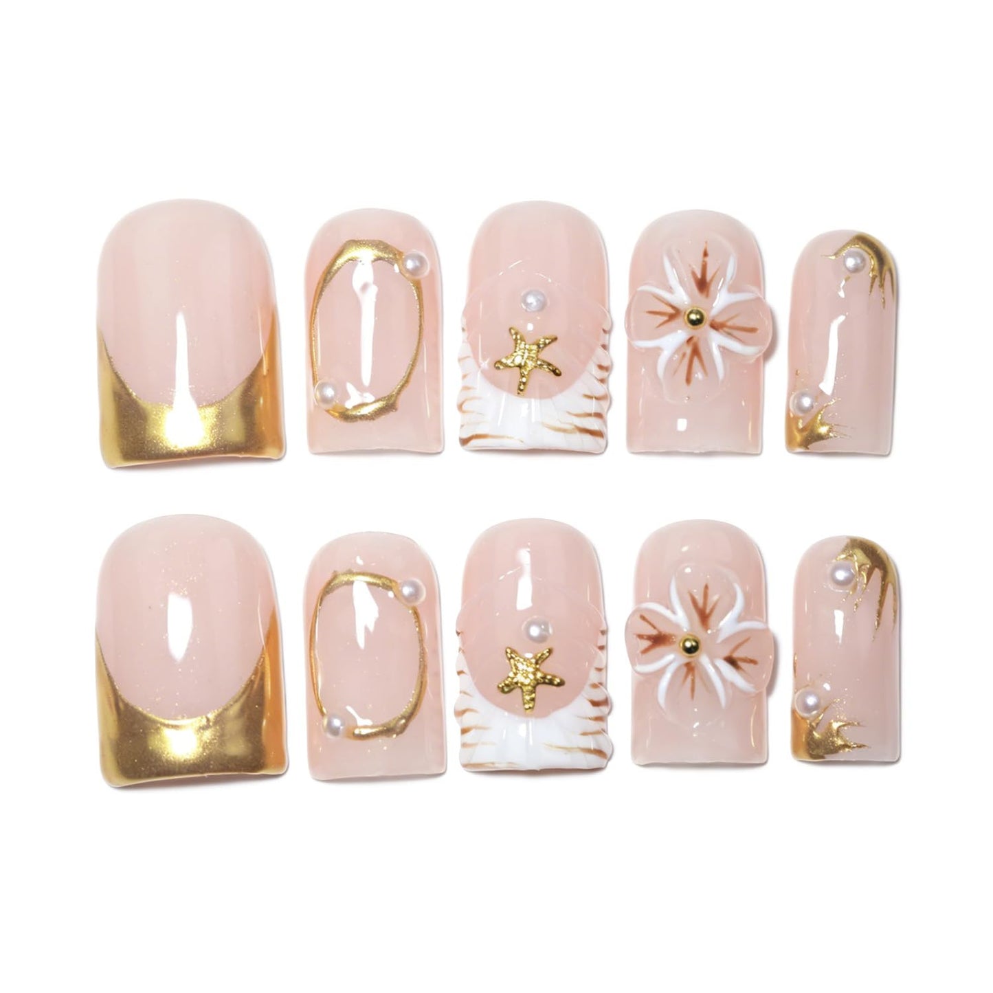 EasierGlow 10Pcs Handmade Short Square Press On Nails | Easy Apply & Remove, Reusable Salon Quality Nails | Nude Press Ons with Gold French Tips, Starfish & Pearl Accents(Y212, S)