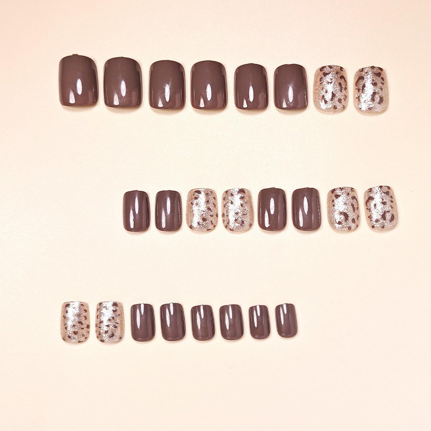24 Pcs Leopard Print French Tip Press on Nails with Glitter Designs Glossy Brown False Nails Short Square Fake Nail Full Cover Acrylic Glue on Nails for Women DIY Manicure Nail Decoration