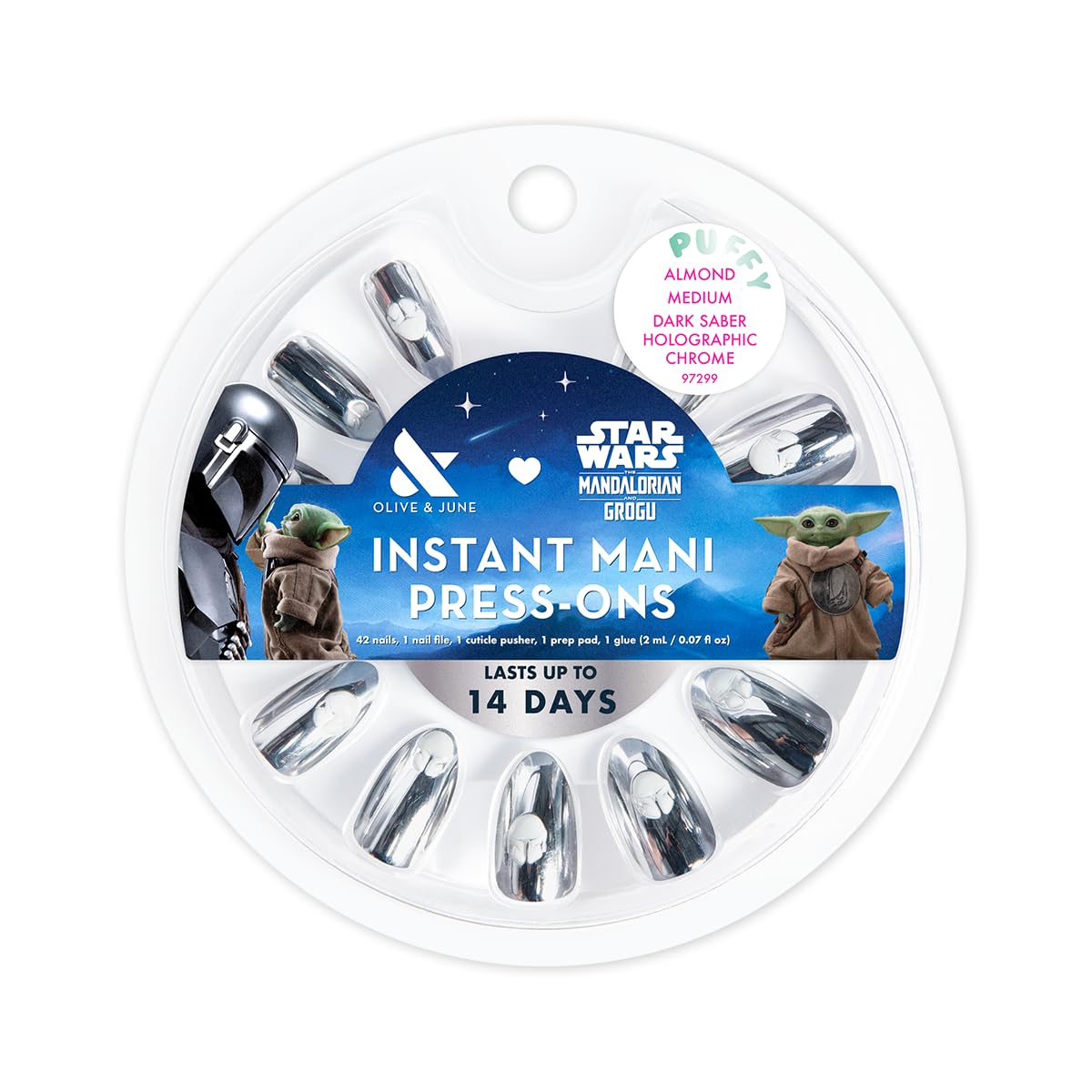 Olive & June Instant Mani Press-On Nails (Glue) | Star Wars: The Mandalorian & Grogu | 42 Fake Nails, 21 Sizes | Non-Toxic, Long-Lasting Up to 14 Days | Medium, Almond | Dark Saber Holographic Chrome