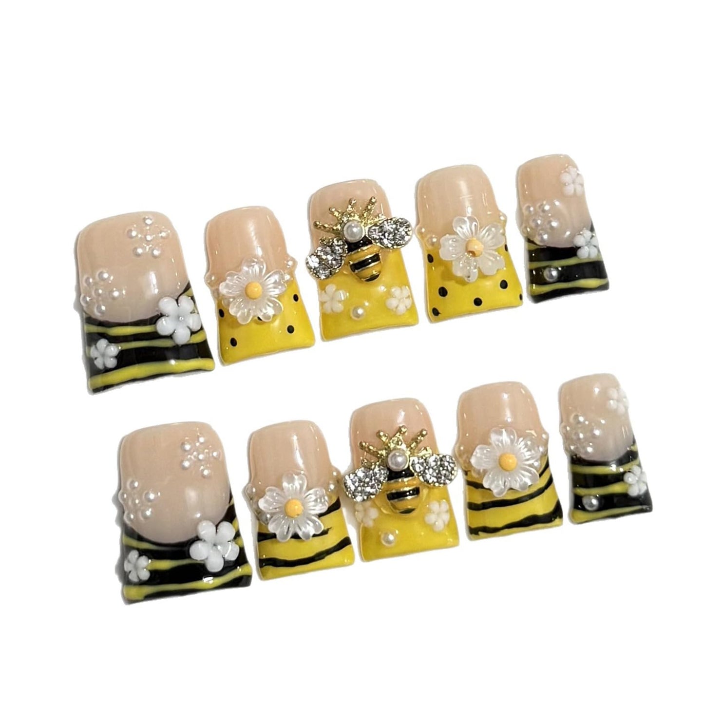 Handmade Duck Press on Nails Acrylic Fake Nails with 3D Luxury Little Bee and Flower Designs Flower Stick on Nails Full Cover Thickened False Nails for Women Nail Art DIY（S)