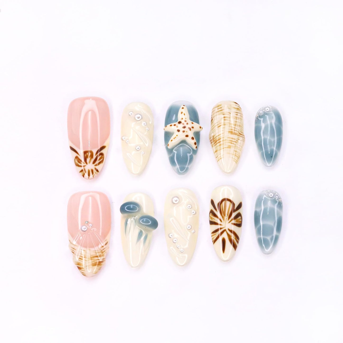 Luxury Press on Nails Short Almond Handmade 3D Starfish Fake Nails French Tip False Nails Flower Pearl Art Designs Glossy Stick on Nails Full Cover Thick Acrylic Nail for Women (Size M)