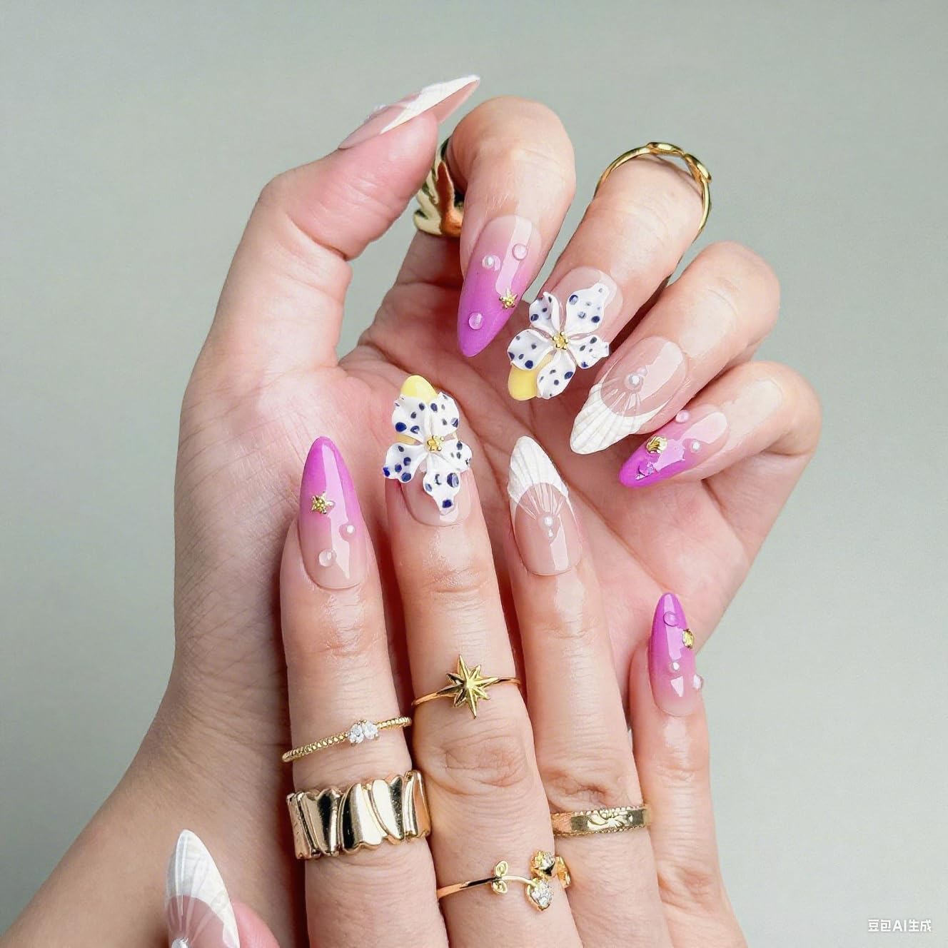 Handmade Press on Nails Purple Gradient Fake Nails French Tip Multi-Layer Gel Acrylic Nail with 3D White Flower & Pearl Designs Full Cover Medium Almond Stick on Nails for Women Nail Art（Size M)