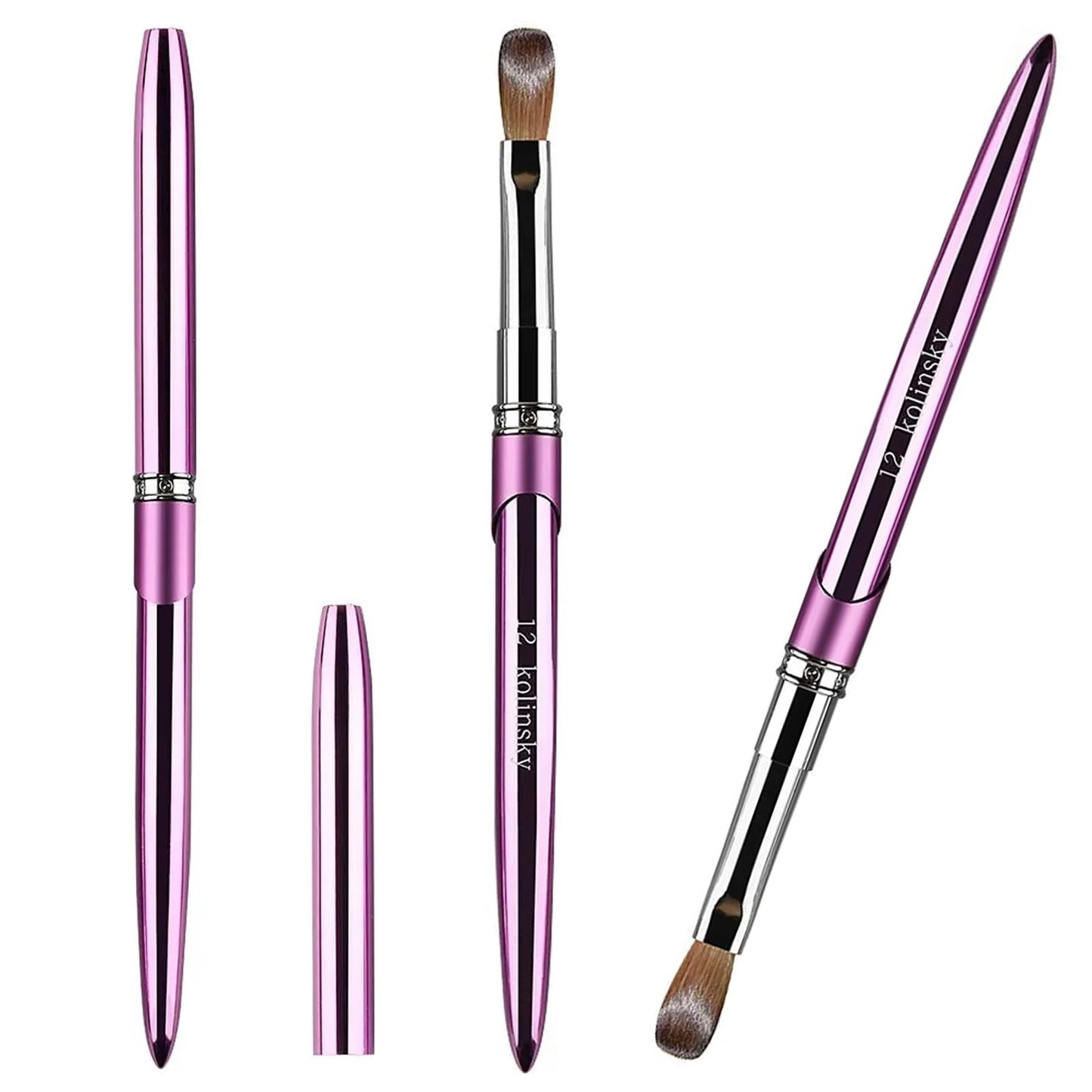 100% Pure Kolinsky Acrylic Nail Brush Size 12, Hair Acrylic Crystal Chrome Purple with Silver Ferrule Round Shaped for Women Girls Manicure Tools Accessories
