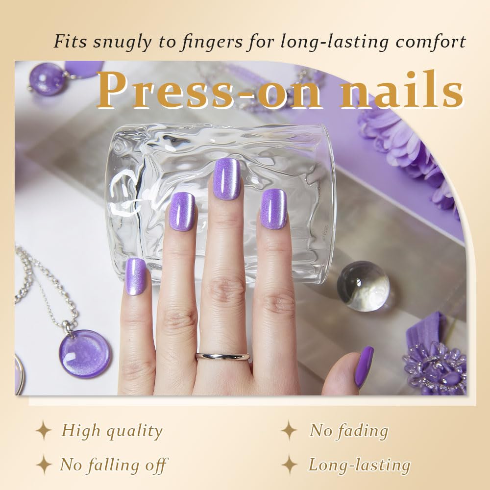 Lavender Cat Eye Press on Nails Short Square, Short Square Stick on Nails for Women Gift, Orchid Purple Glitter Glossy Fake Nail Reusable Press on Acrylic Fake Nail with Holographic Cat Eye Design