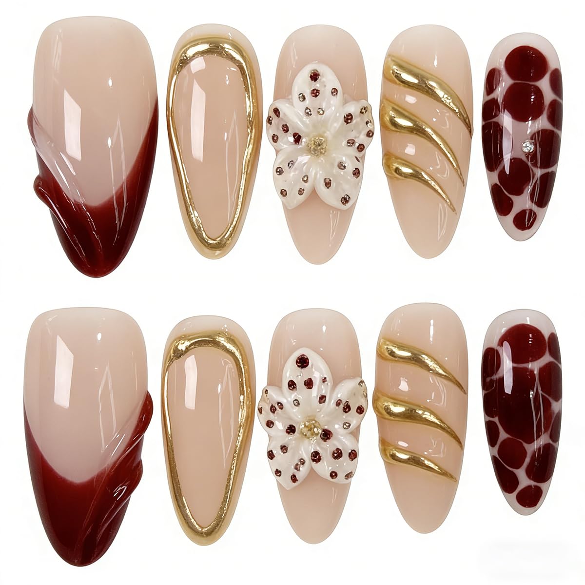 Handmade Press on Nails Almond Summer Nails Reusable 3D Flower Fake Nails French Tip Gold Accent Glue on Nails for Women 10 Count 10 Count M Size