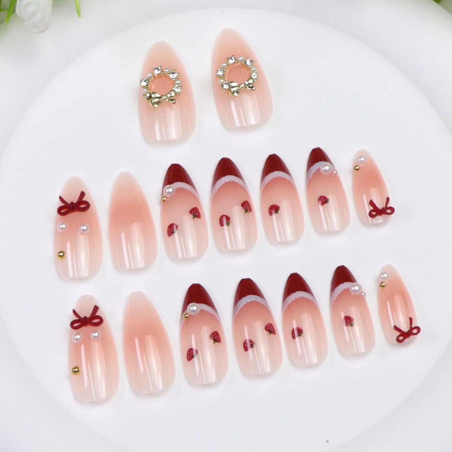 Almond Press on Nails Medium Blush Fake Nails with 3D Bow Rhinestones Pearl Strawberry Designs Red French Glue on Nails Press ons Pink Ombre Full Cover Reusable Stick on Nails Women 24Pcs
