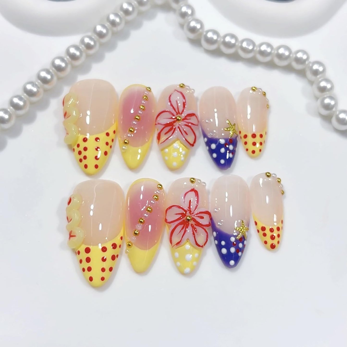 Almond French Handmade Nails with Flower Polka Dot Design Nude Medium Press on Nails Full Cover Detachable Artificial Acrylic Fake Nail for Women Girls Manicure DIY 10 Pcs （S）