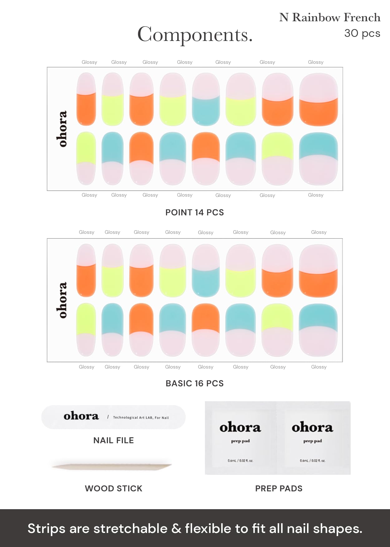 ohora Semi Cured Gel Nail Strips (N Rainbow French) - Nude, French, Works with UV/LED Lamps, Salon-Quality, Long Lasting, Easy to Apply & Remove - Includes 2 Prep Pads, Nail File & Wooden Stick
