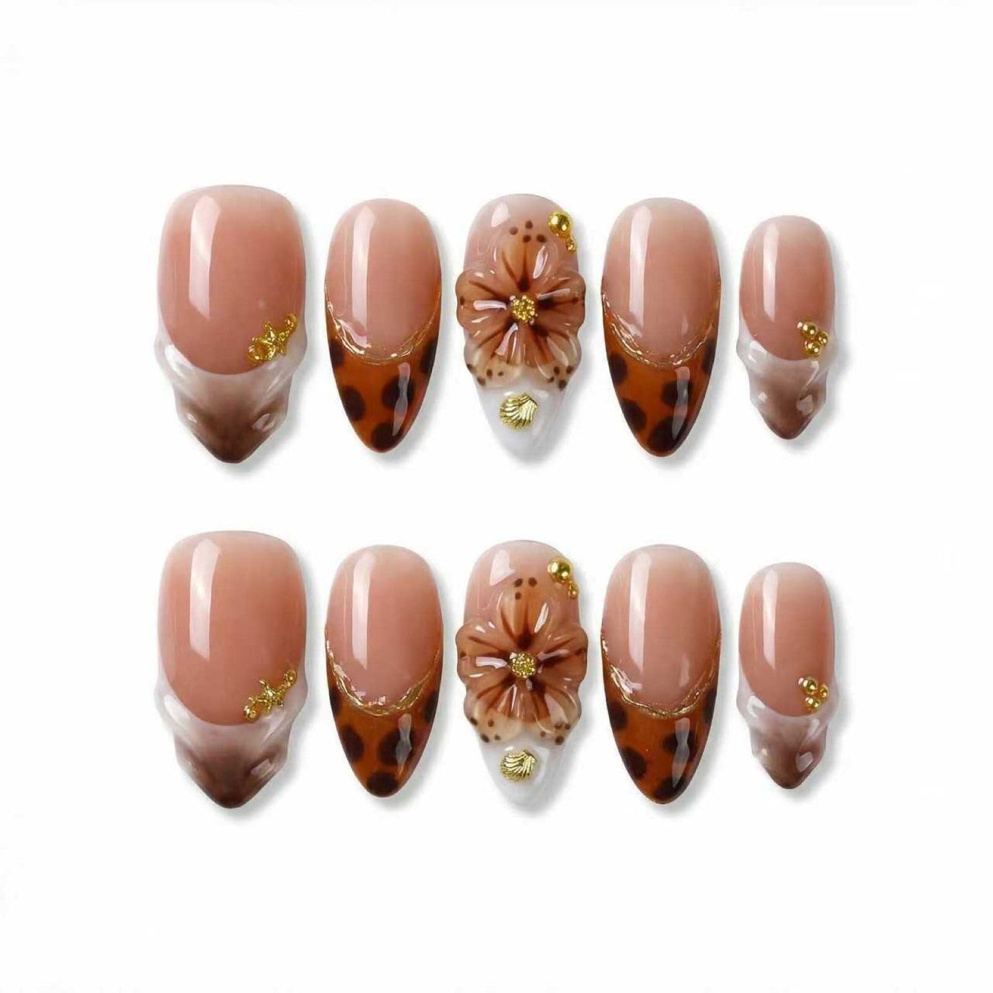 MikaJayboo Handmade Press on Nails Almond Nude Base with Brown French Tip Leopard Print Fake Nails with 3D Flower & Gold Beads for Women Glue on Nails for Daily & Party Wear 10Pcs (Size M)