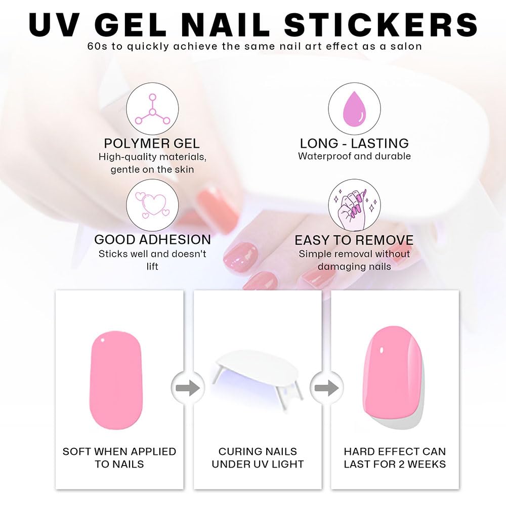 Semi Cured Gel Nail Strips with Heart/Love Designs Gel nail stickers Purple Glitter Nail strips stickers Salon Quality & Easy to Use 20 Pcs for Women