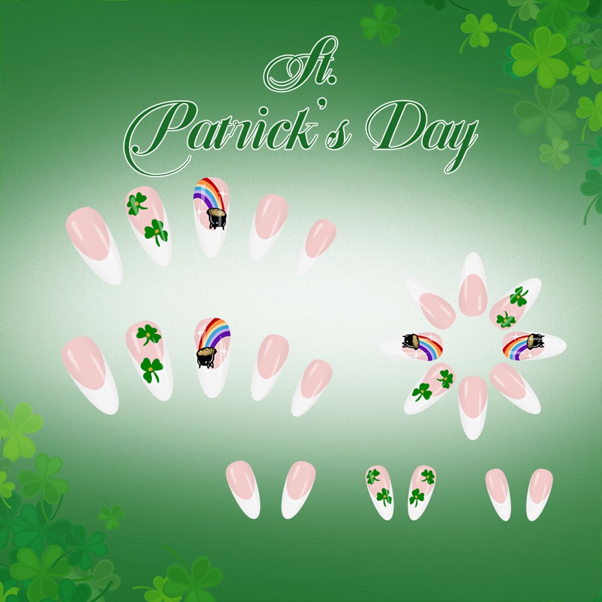 St. Patrick's Day Press on Nails - Short Almond Fake Nails Press ons with Shamrock Rainbow Designs, White French Tip Nails Glossy Acrylic Nails Full Cover Glue on Nails for Women Manicure 24Pcs