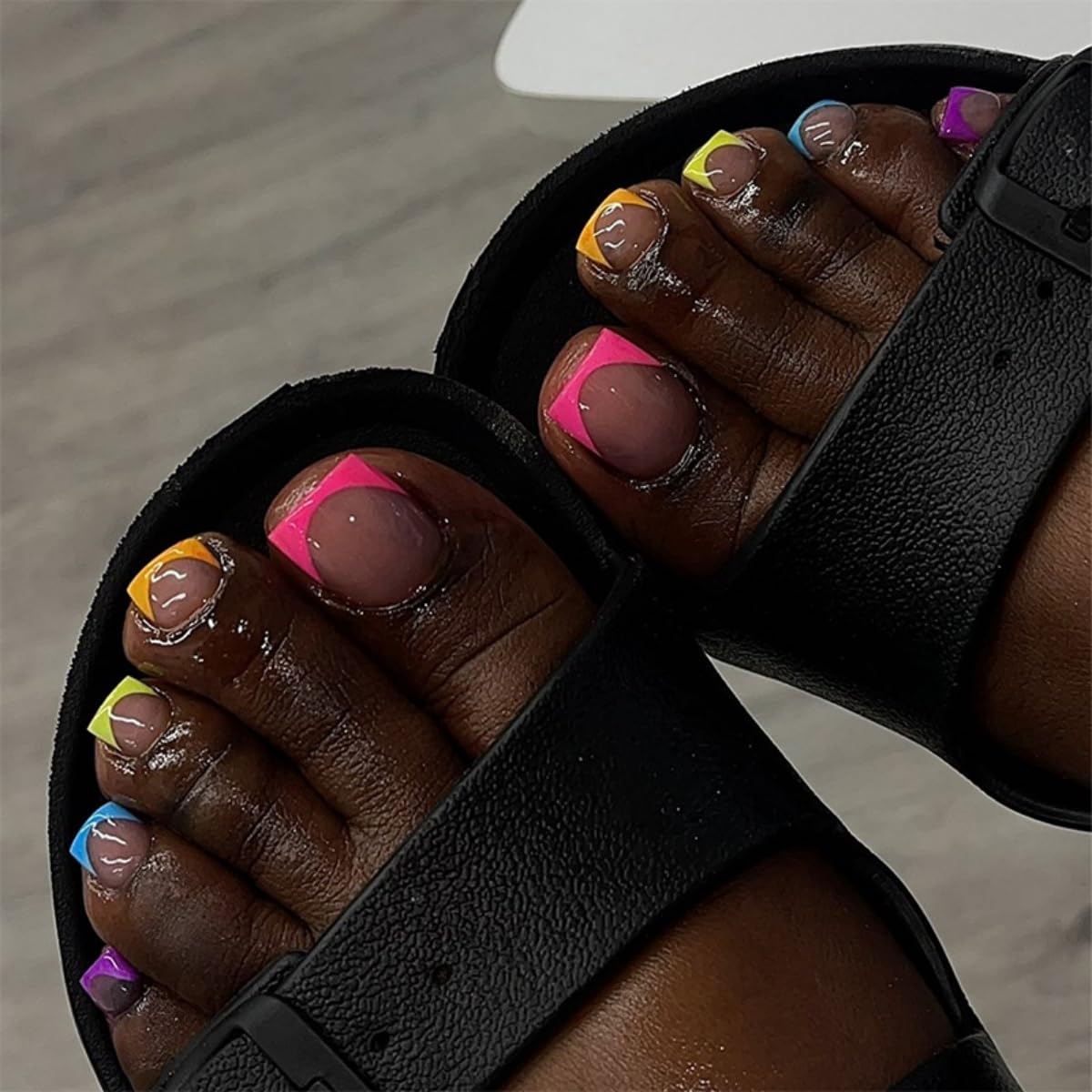 French Tip Press on Toenails Square Fake Toenails with Designs Colorful Glossy Glue on Toenails Full Cover Acrylic Stick on Nails for Women Girls Manicure 24Pcs