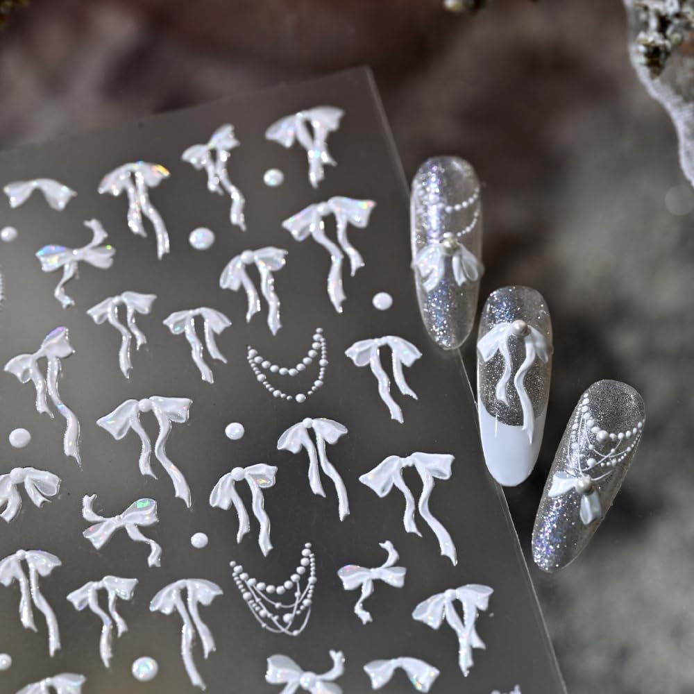 Bow Nail Stickers 5D Embossed White Bowknot Nail Art Stickers 3D Self-Adhesive Laser Ribbon Nails Supplies White Bead Necklace Nail Decals Stickers Cute Nail Designs for Women DIY Manicure 1 Sheet