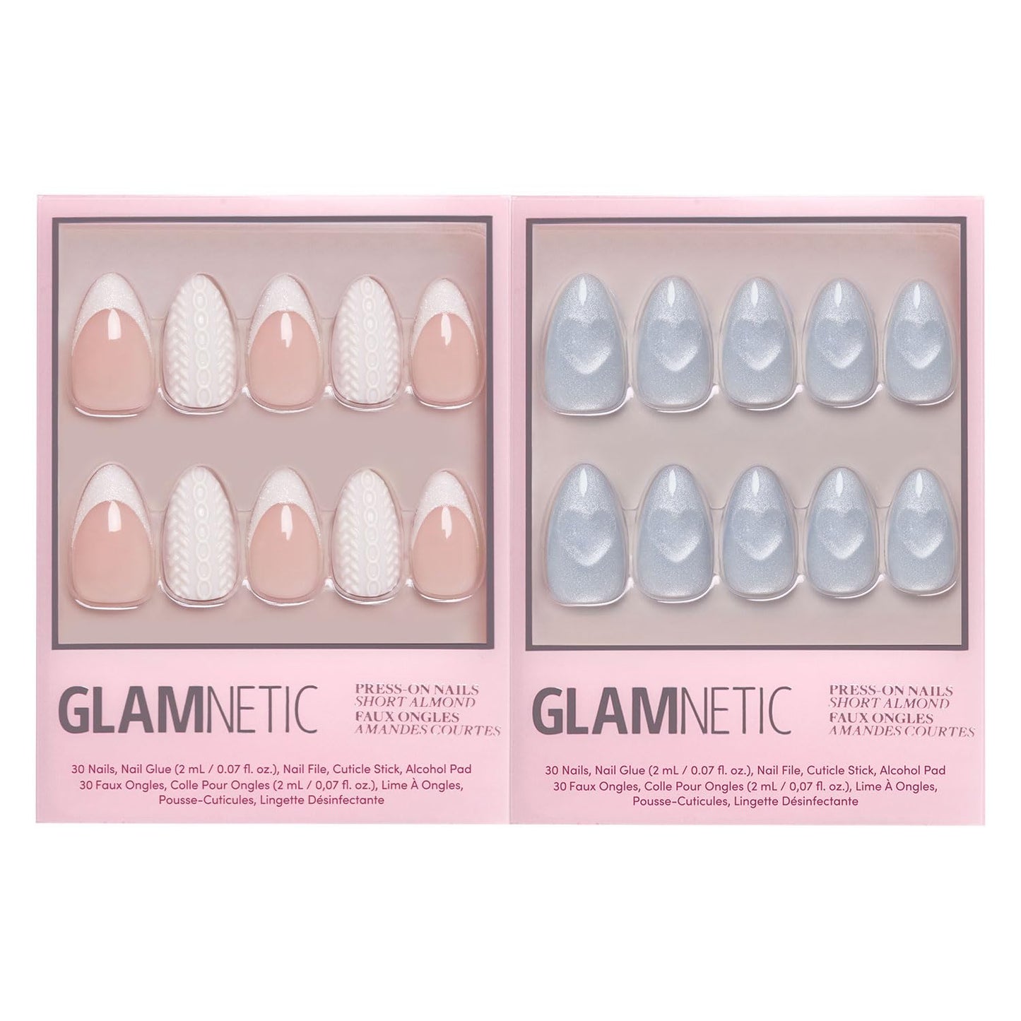 Glamnetic Press-On Nails Bundle - Sweater Weather & Cold Hearted | Short Almond Fake Nails with White Glitter French Tips & 3D Designs | Short Almond Fake Nails with Heart Accent and Pale Blue Velvet