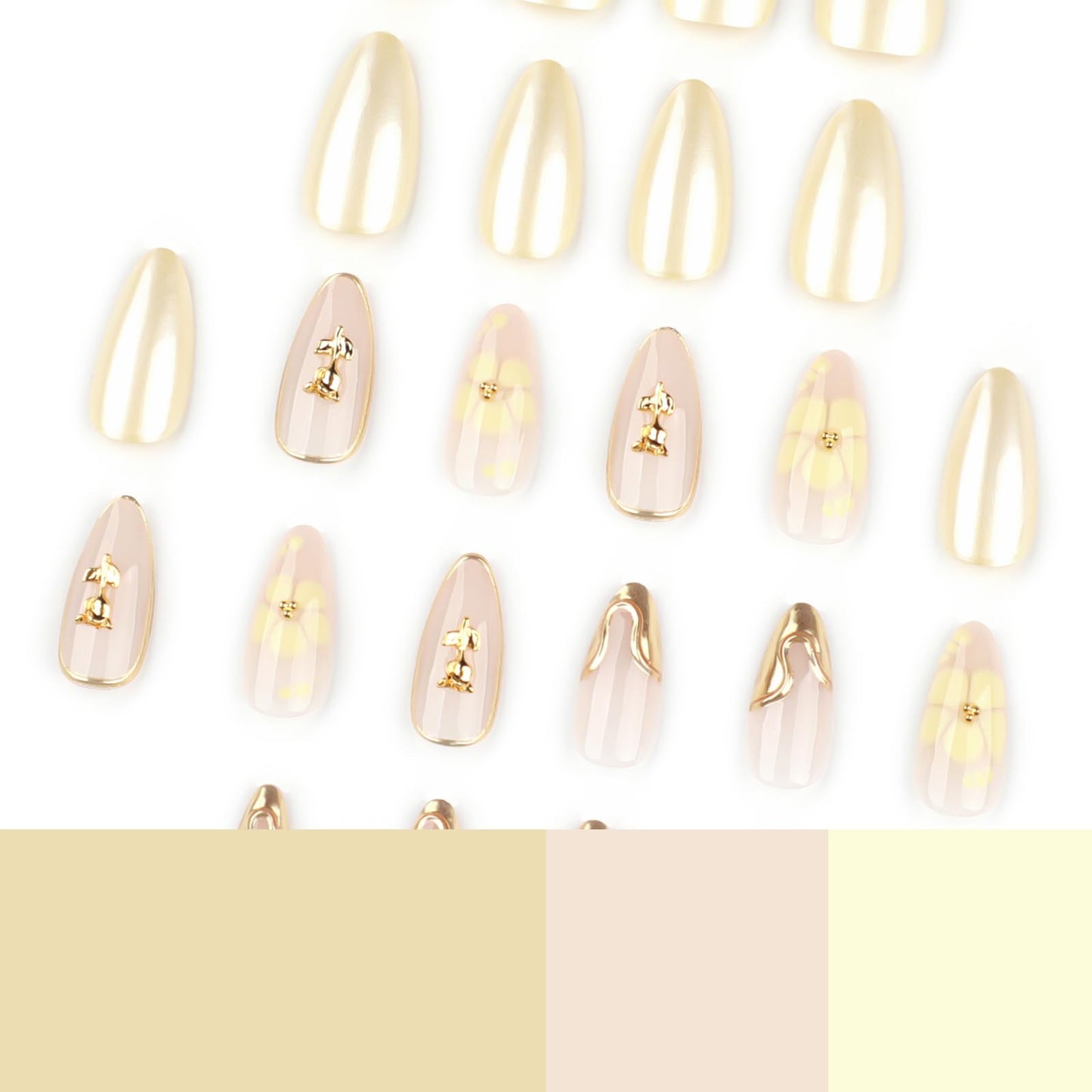 Yellow Flower Press On Nails with Gold 3D Design, Glossy Almond Fake Nails with Metallic Line Art, Elegant Reusable Stick On Nails for Women and Girls, 24PCS Full Cover False Nail Set