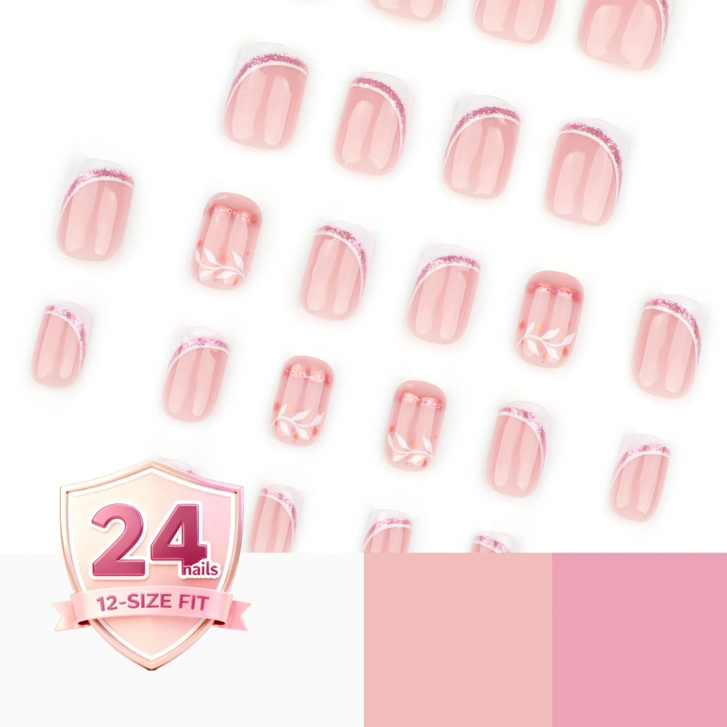 Taoyisent Nude Pink French Short Square Press On Nails, Short Square Fake Nails with Rose Gold Lines and Floral Design, Elegant Reusable Press On Nail Kit for Women, 24PCS French Manicure Set
