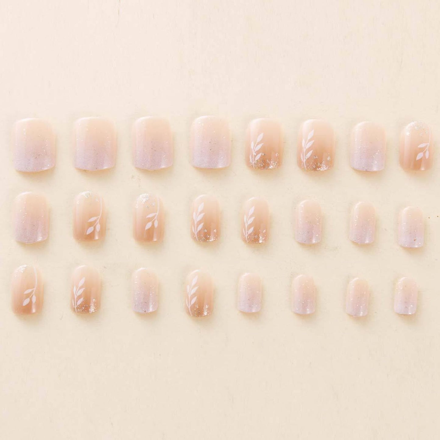 24Pcs Leaves Press on Nails Short Square Fake Nails with Gradient Glitter Designs Nails Press ons Pink White Acrylic Nails Simple Stick on Nails for Women