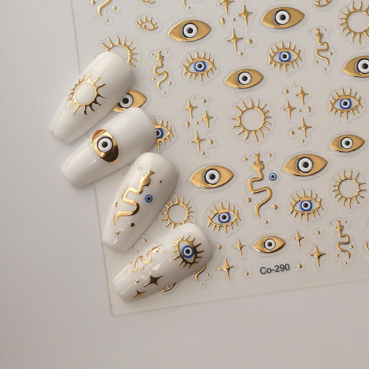 Gold Evil Eye Nail Art Stickers 3D Gold Nail Stickers Star Snake Nail Decals Gold Stickers for Nails Designs Self-Adhesive Nail Art Supplies for Women Girls DIY Manicure 1 Sheets