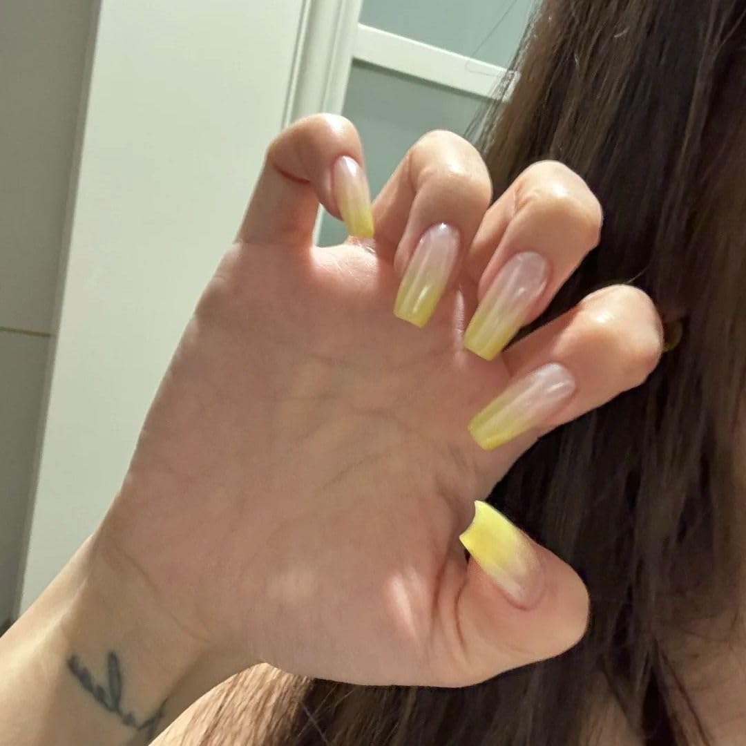 MIXNEX 10Pcs Press On Nails – Medium Long Coffin Mango Yellow Ombre Fake Nails for Petite Hands – Handmade Glossy Stick On Nail Tips with Storage Box & 5-in-1 Manicure Kit (Mango Yellow, Short)