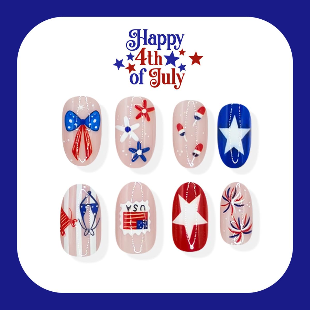 24 Pcs Independence Day Press on Nails Short Almond WLGDLH July 4th Fake Nails, Summer False Nails with Striped Star Bow Flowers Design, Nude Base Glue on Nails for Women Manicure, Glossy Finish