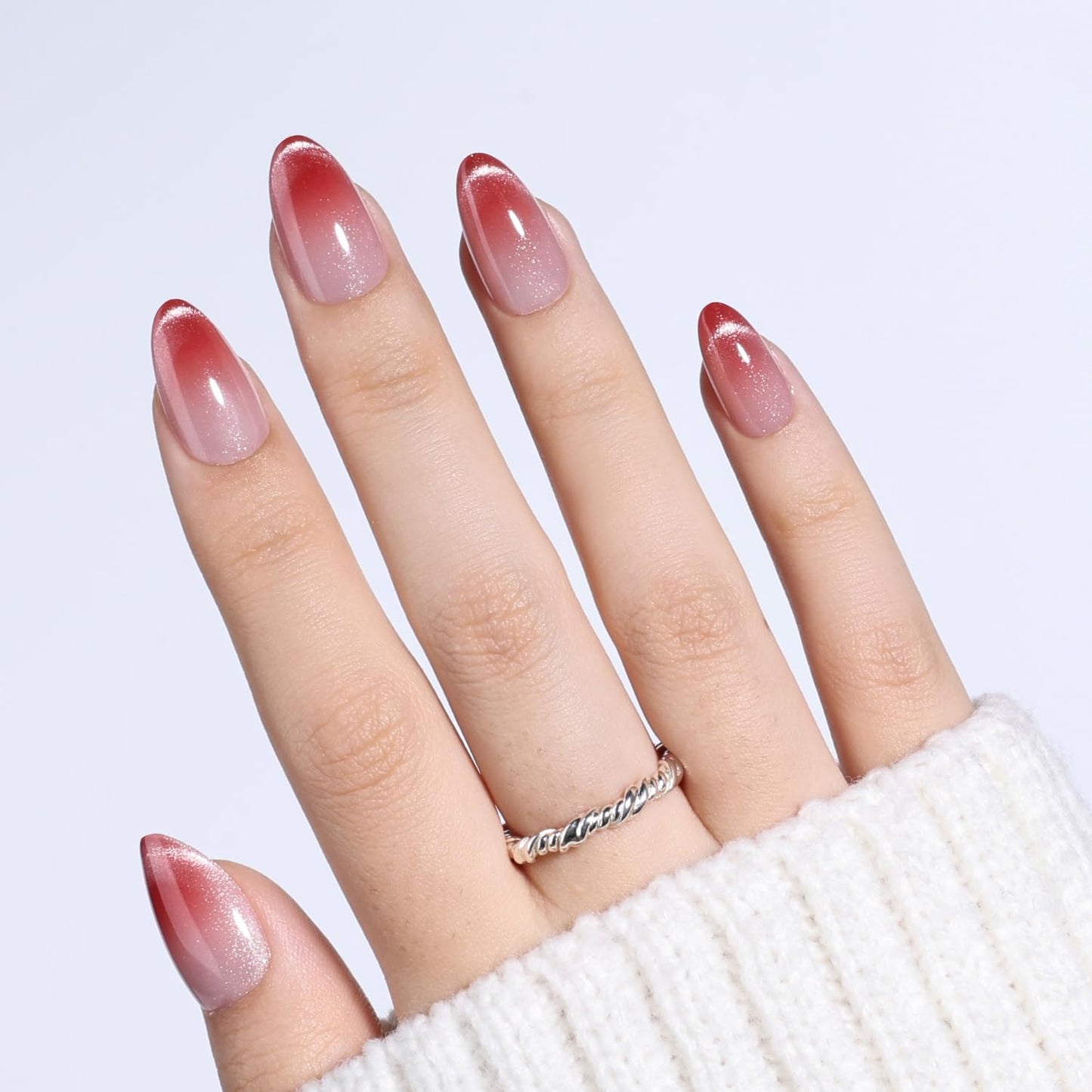 Leefrei Cat Eye Press On Nails Short Almond - Red to Nude Gradient Fake Nails with Shimmer, Reusable Glue On Nails for Women, 16 Sizes 32 Pieces Nail Kit with Glue, Crimson Drift