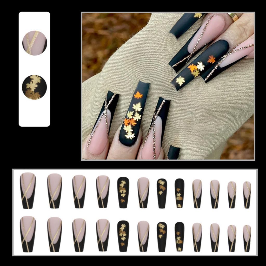 CTTHNBD Fall Press on Nails - Long Coffin Fake Nails with Maple Leaf Design - Black French Tip False Nails Press ons - for Women 24 Pcs