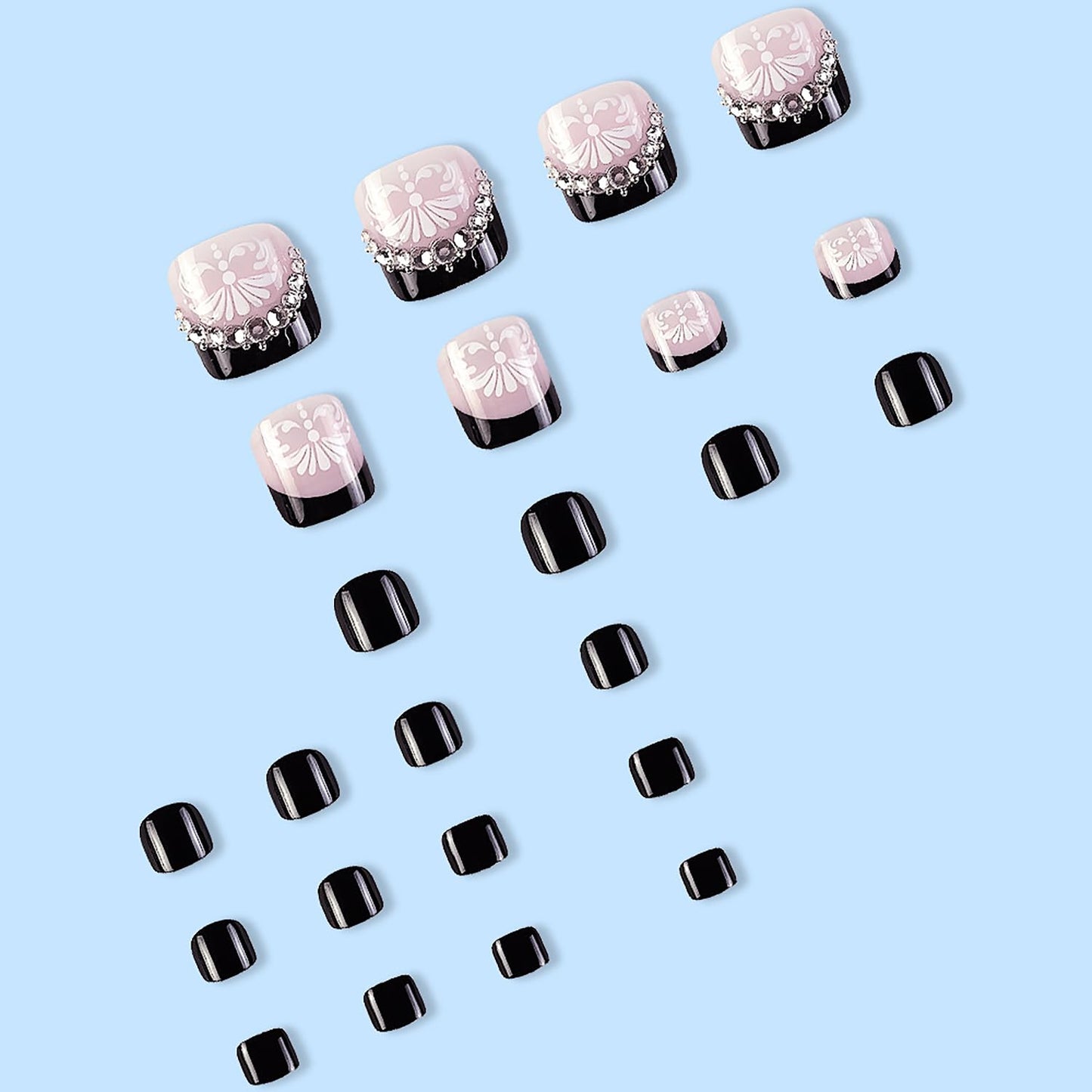 Press on Toenails with Flower Designs, Artificial French Black Fake Nails for Toe, Full Cover Rhinestone Coffin Acrylic False Nails, Glue on Toenails with Charm, Stick on Toe Nails for Women(JZ035)