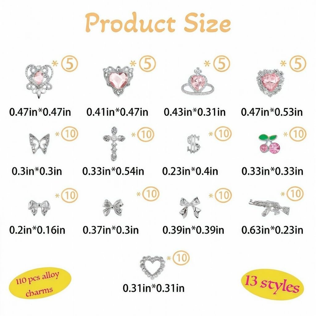Pizadix 110Pcs Silver Pink Nail Art Charms, 3D Heart Cherry Butterfly Gun Cross Bow Jewelry, Y2K Kawaii Designer Supplies for Nails