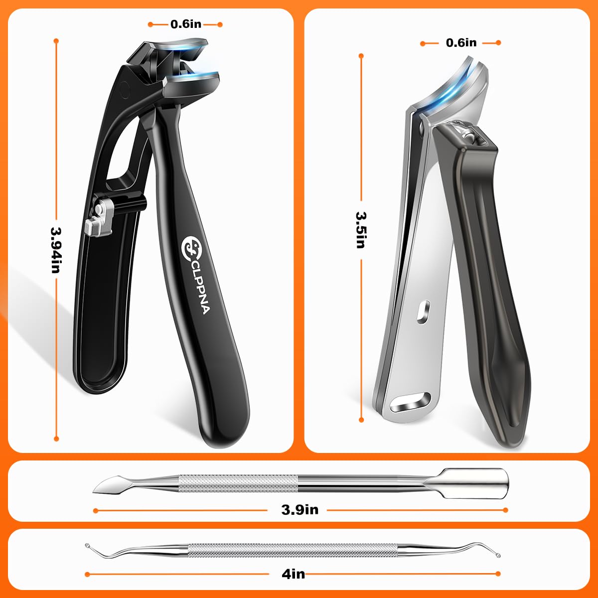 Nail Clippers Set, CLPPNA Angled Head Long Handled Toenail Clippers for Thick Toenails, Sharp Heavy Duty Ingrown Toenail Clippers with Wide Jaw, Podiatrist Nail Clippers for Seniors and Men