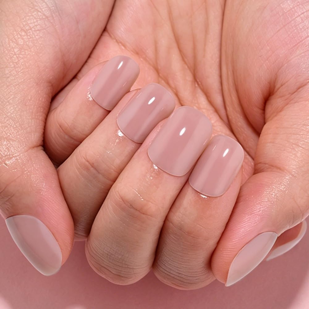 evpct Clay Nude Glossy Squoval Short Press on Nails for Women, Clay Nude Extra Short Squoval No Glue Stick on Nails with Kit, Reusable Full Cover Soft Press on Fake Nail Salon-quality Perfectly Fit