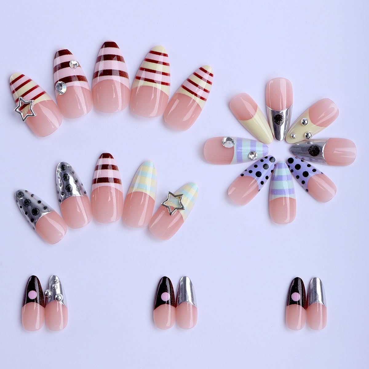 plalely Almond Press on Nails Medium Colorful Fake Nail Polka Dot with Silver Star Design Acrylic Nail Press ons Y2K Stick on Nail for Women 24pcs