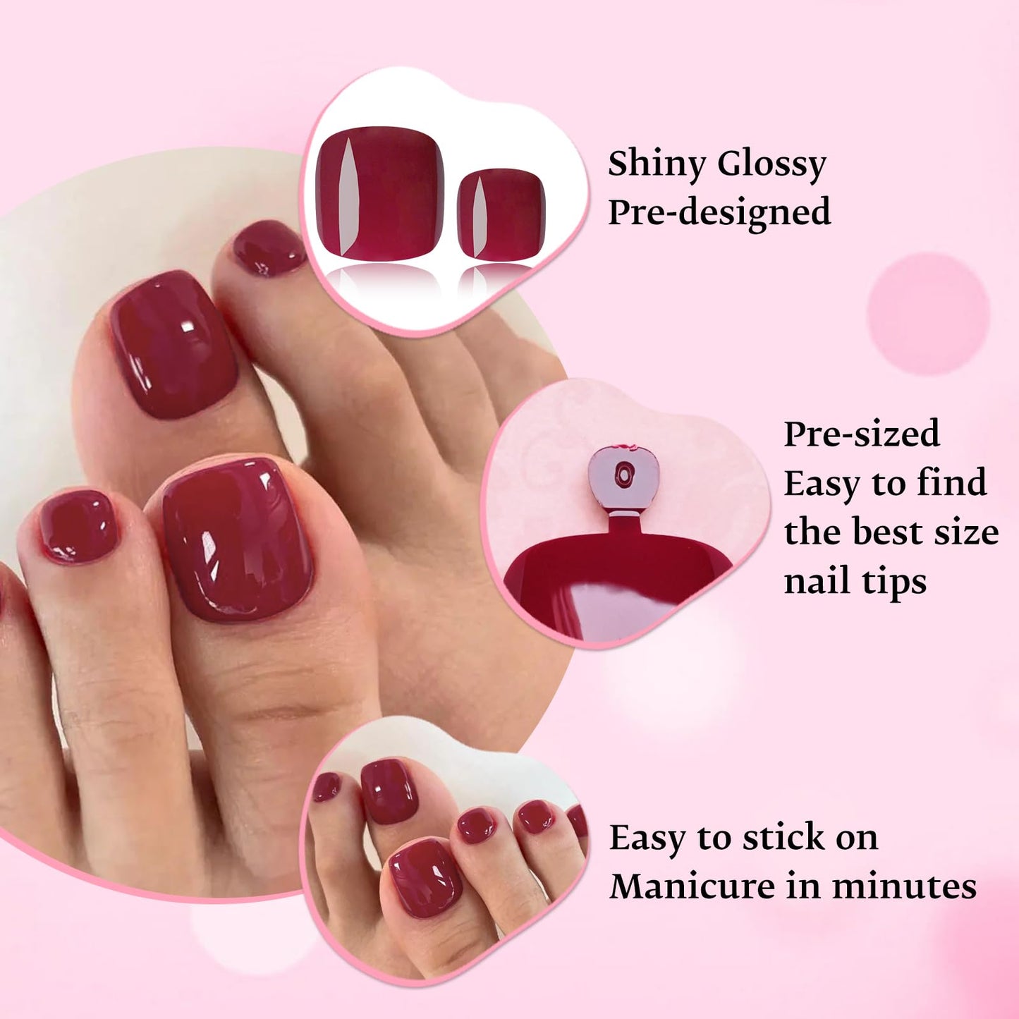 LoveOurHome 120pc Burgundy Press on Toenails Women Fake Toe Nails with Tabs, Wine Red Fake Toenails Press on Toe Nails Glue on Toenail Acrylic Toes Nail Tips Artificial False Toenail for Women