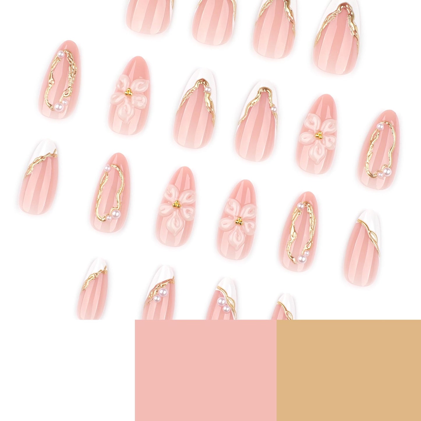 CTTHNBD Medium Press on Nails Almond - White French Tip Fake Nails with Flower Design - Gold Stripes Stick on False Nails - for Women 24 Pcs
