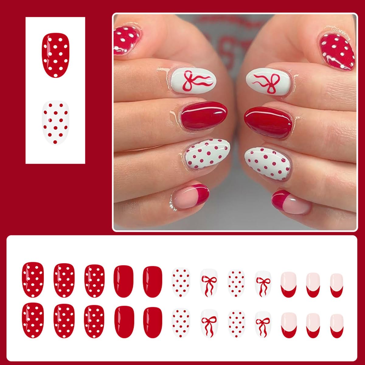 24Pcs Valentines Press on Nails Short Oval Fake Nails Red French False Nail Tip Kit with Bow Polka Dots Designs Sparkly Glossy Nude Glue on Nails Full Cover Acrylic Red White Stick on Nail for Women