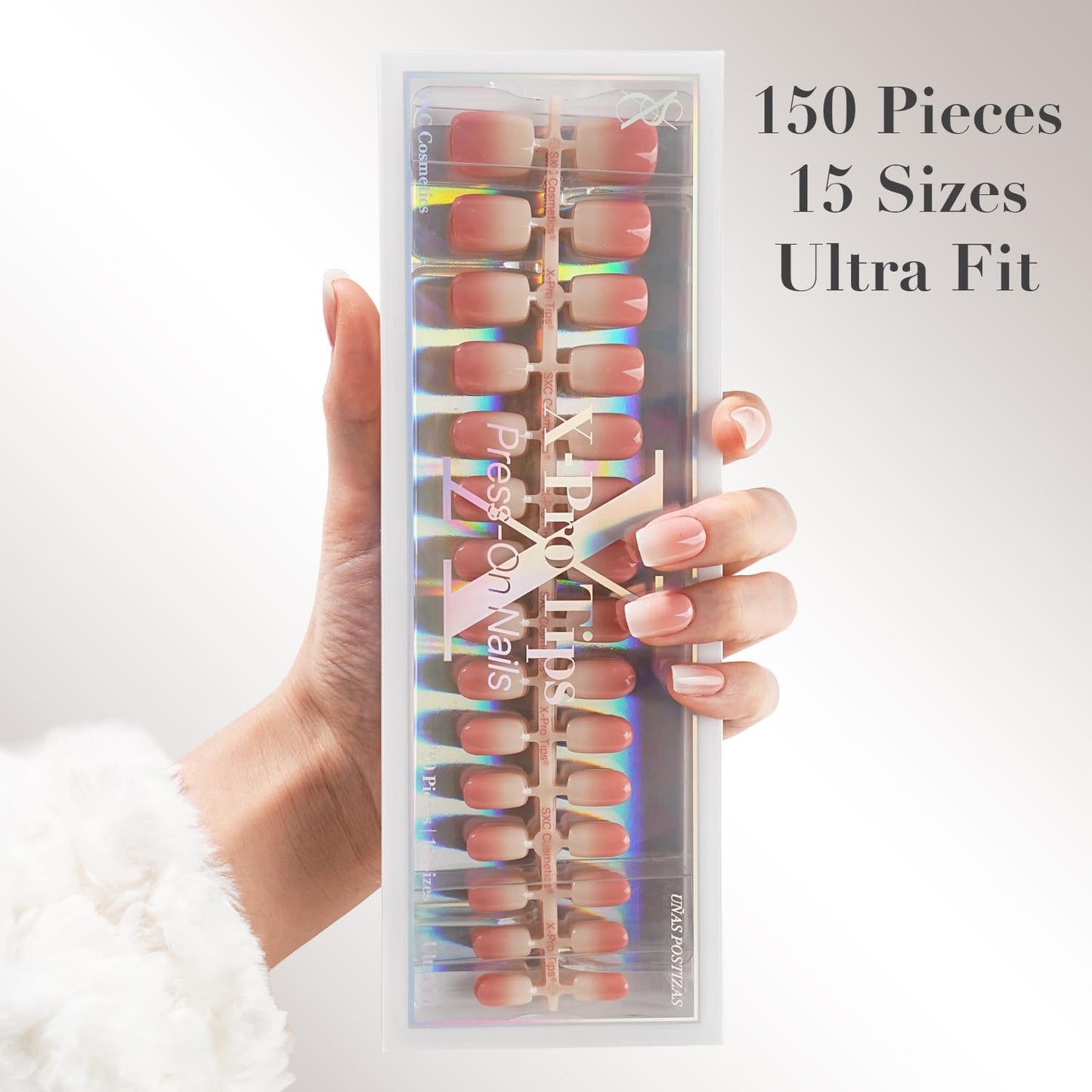 SXC Cosmetics Press On Nails - 001 Amber Ombre | X5 Signature Series - Extra Short Square Fake Nails, Salon Quality Nails 15 Sizes - 150 pieces Nail Kit with Glue