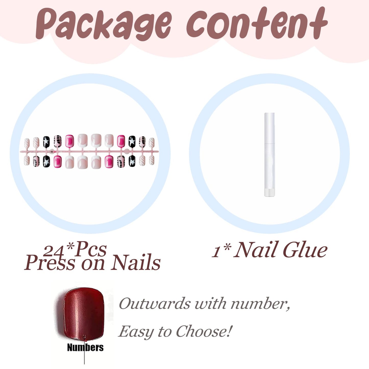 BABALAL Acrylic Press on Nails Short Square Fake Nails Pink Black Glue on French Tip Star Y2k False Nails with Design Press-ons 24Pcs Cute Squoval Artificial for Women Girls