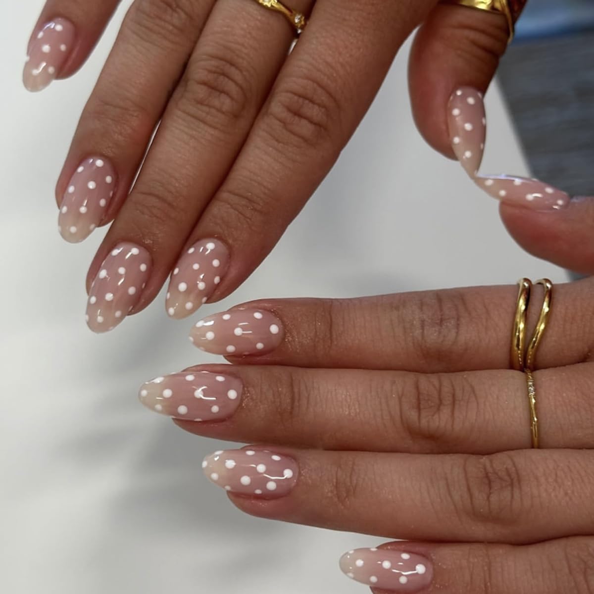 Almond Press on Nails Short Fake Nails Polka Dot Nails Pink False Nails Press ons with White Polka Dots Design Glossy Acrylic Full Cover Stick on Nail for Women Girls Daily Manicure 24Pcs