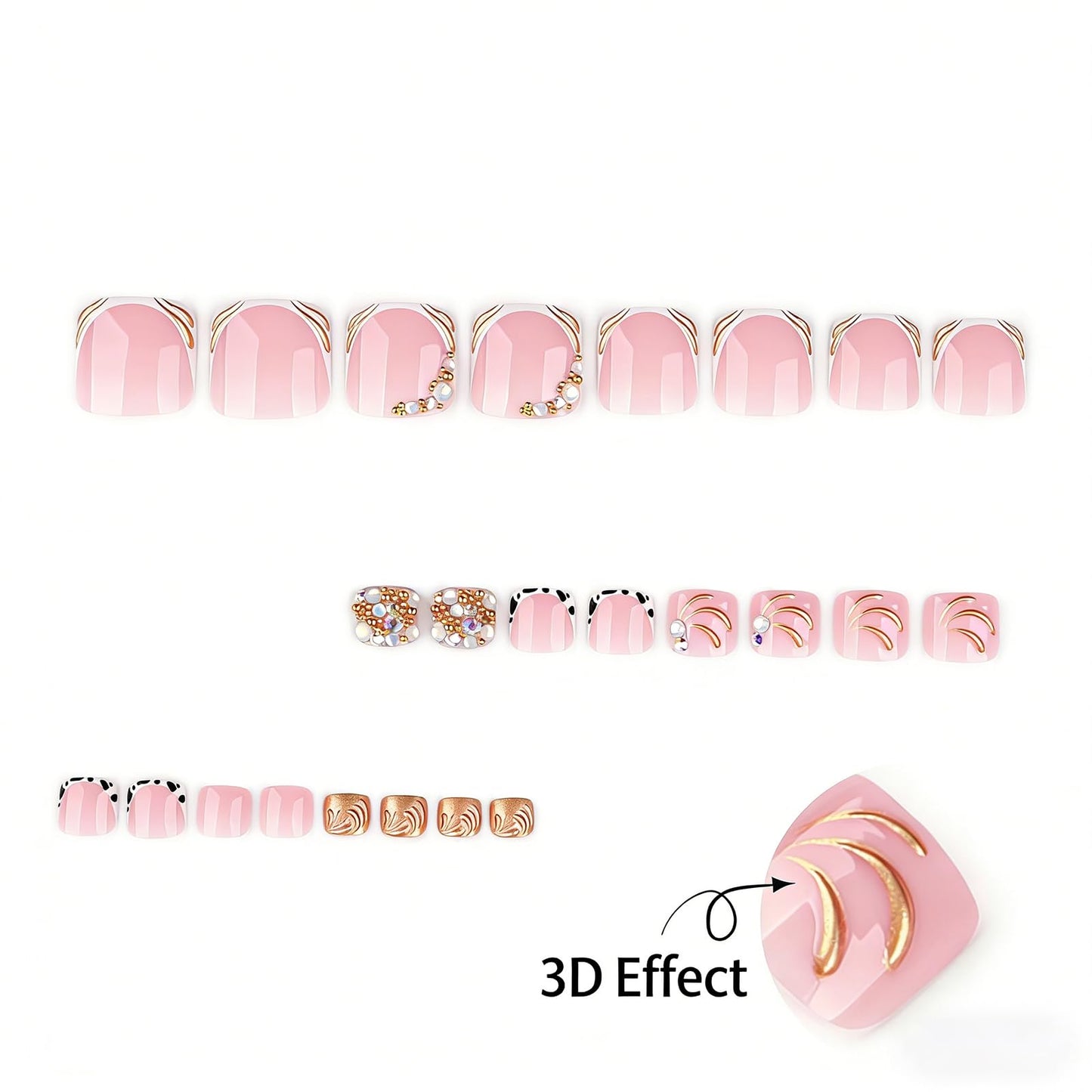 RUOKEXIN Short Press on Toenails French Tip Fake Toenails with Gold Rhinestones Designs Square Toe Nail Press ons Sparkly Artificial Nails for Women 24Pcs