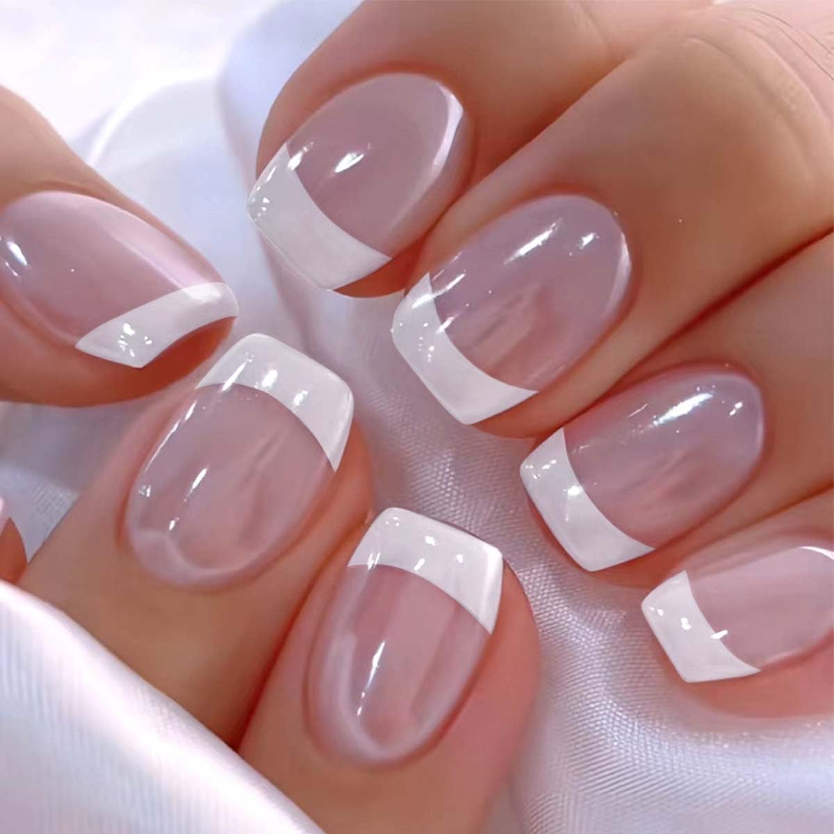 LINMEIZAI Press on Nails Short Square, French Tip Fake Nails Glue on Nails Fake Nails Press ons with White Deep Tip Designs, Cute Glossy Acrylic Nail Kit for Women Girls, False Nails, 24 Pcs
