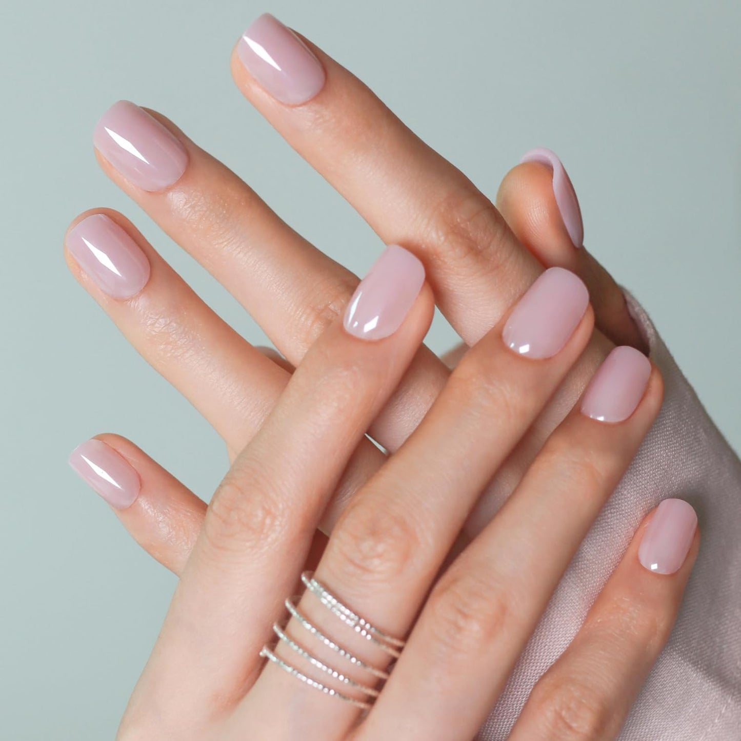 LAMIMOSA 32Pcs Pink Press On Nails Short Square - Soft Gel Fake Nails in 16 Sizes, Chrome Glue on Nails kit, Glazed Stick on Nails, Spring Nails, PINK GLAZE
