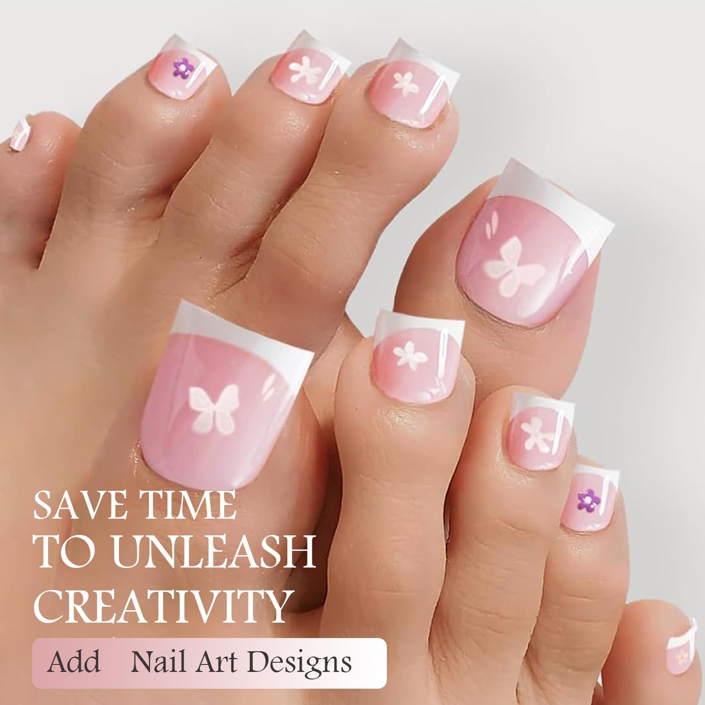 OPkssnails 150pcs French Tip Press on Toenails Short Square, Pink Press On Nails White French Toe Nail Tips for Women, Soft Gel Fake Toe Nails, Acrylic Nails Soak off Nail Home DIY 15 Size