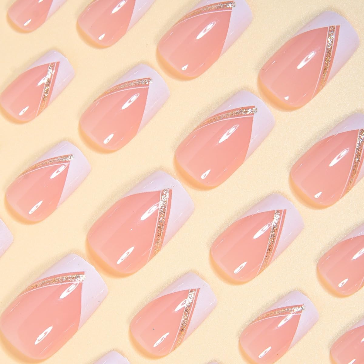 CTTHNBD Press on Square Nails - French Tip Fake Nails with Glitter Line Design - Medium False Nails Press ons - for Women 24 Pcs
