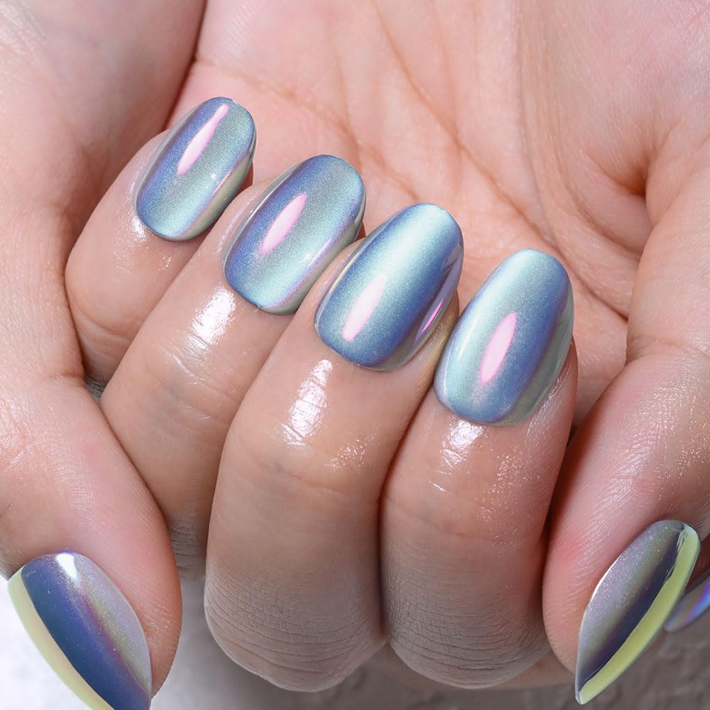 evpct Aqua Blue Cat Eye Chrome Press on Nails Short Oval No Glue with Aurora Design, Purple Holographic Short Oval Stick on Nails for Women Gift, Glossy Cat Eye Effect, Perfectly Fit Salon-quality
