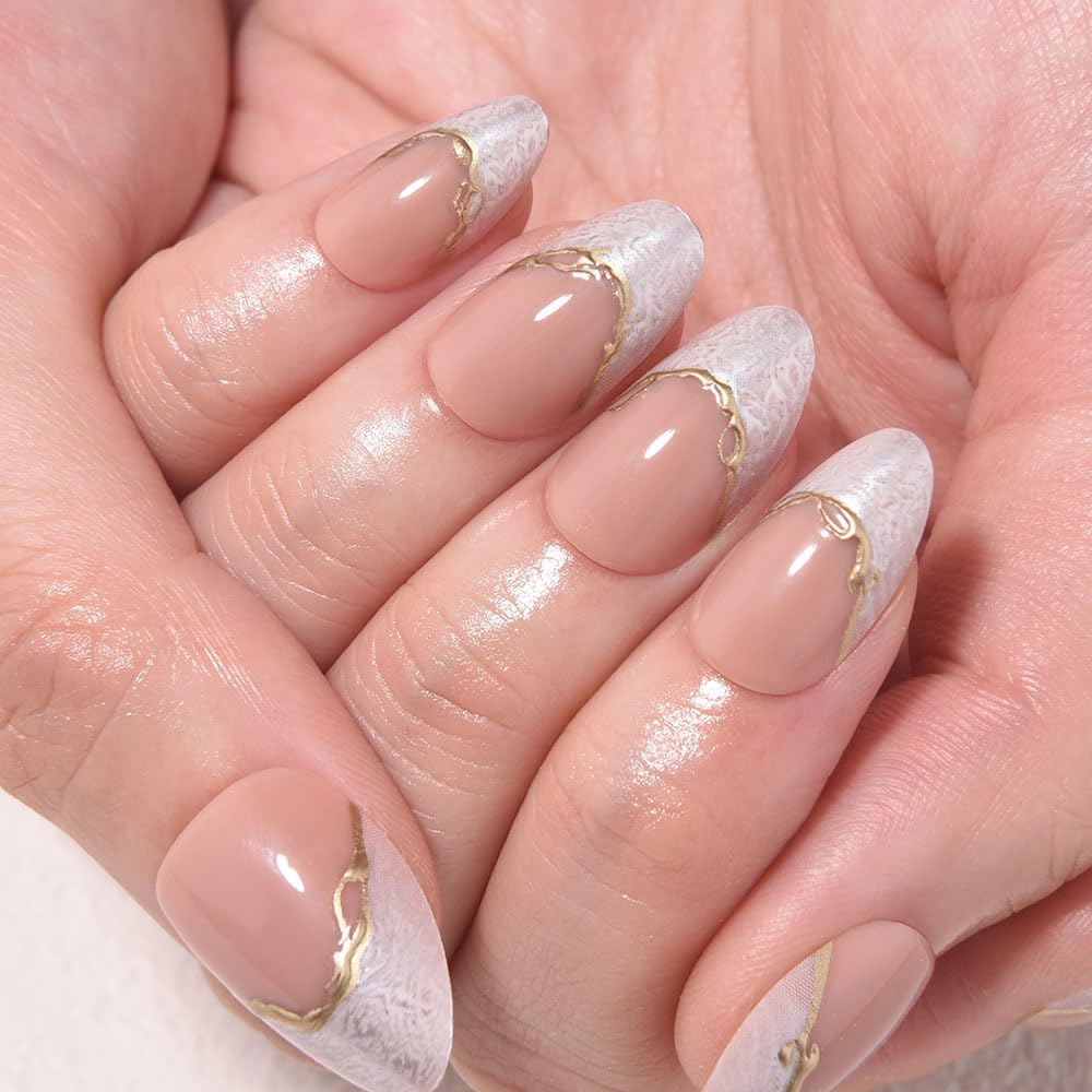 evpct French Tip Press On Nails Short Almond No Glue, Nude Gold Line & Pearl White Tips, Glossy Short Almond Fake False Press on Nails, Reusable Stick on nail Press ons Nail Kit, Salon-quality