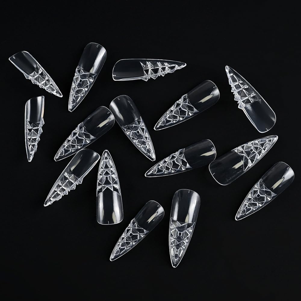 Chunmeng 120 Pcs Coffin Press on Nails, 12 Sizes Long French Tip Acrylic False Nails, Transparent Soft Gel Pre-shaped Full Cover Nail Tips, Reusable Fake Nail Stickers for Women DIY Manicure & Salon