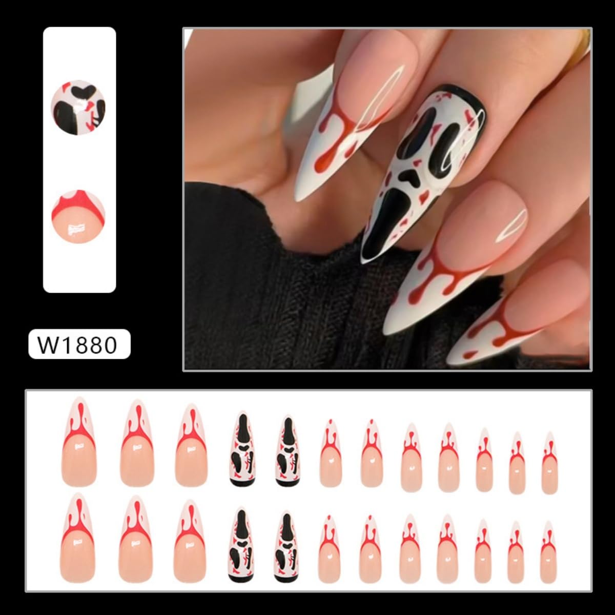 24Pcs Halloween Press on Nails Long Stiletto Fake Nails Horror Ghost Blood Design Stick on Nails White French Tip False Nails Handmade Full Cover Acrylic Glue on Nail for Women Nail Art Decoration