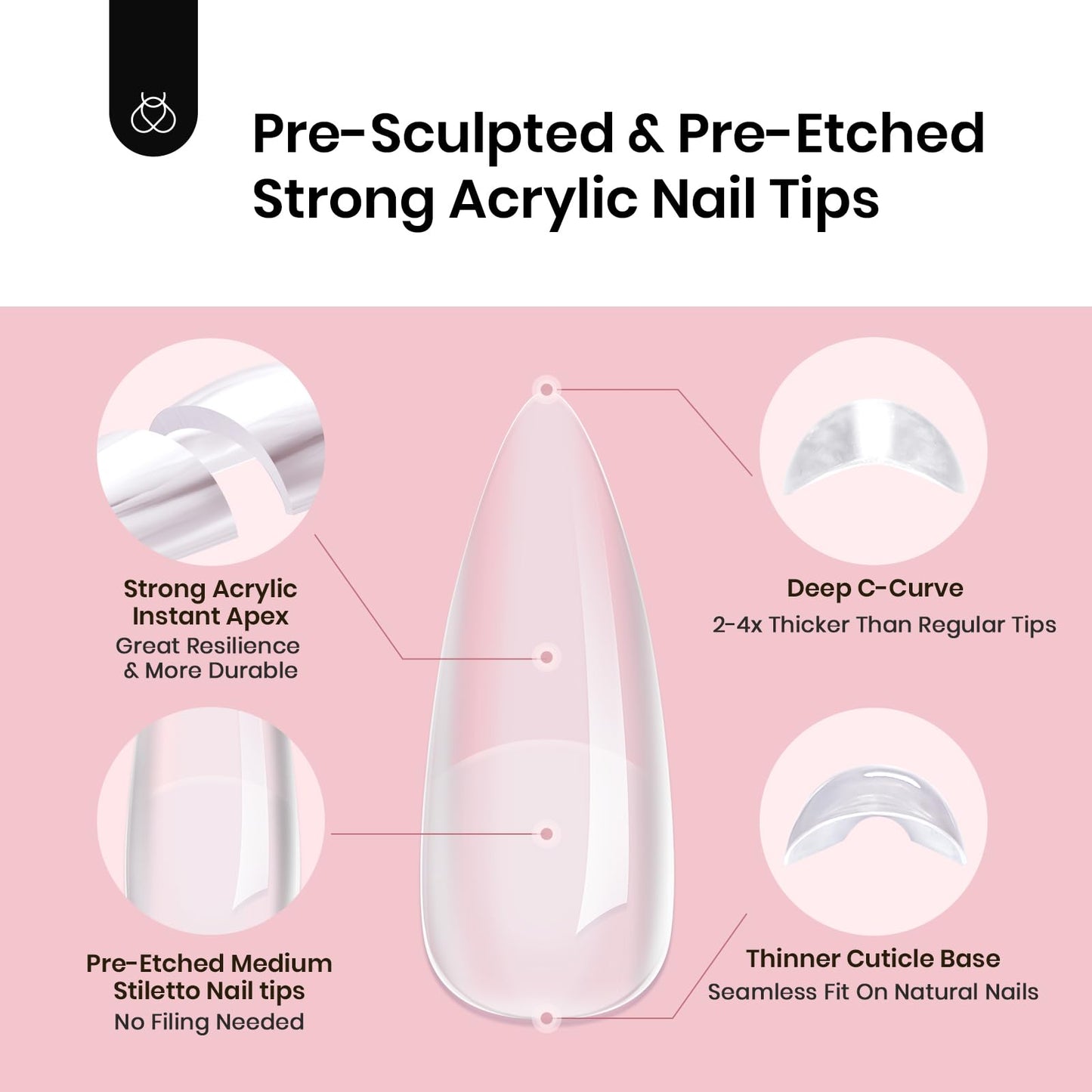 Beetles Tipex Instant Apex Nail Tips, Stiletto Medium, 16 Sizes (00–14), 192pcs, Built-In Apex, No Builder Gel Required, Thicker Strong Acrylic Tips for DIY Nail Extensions