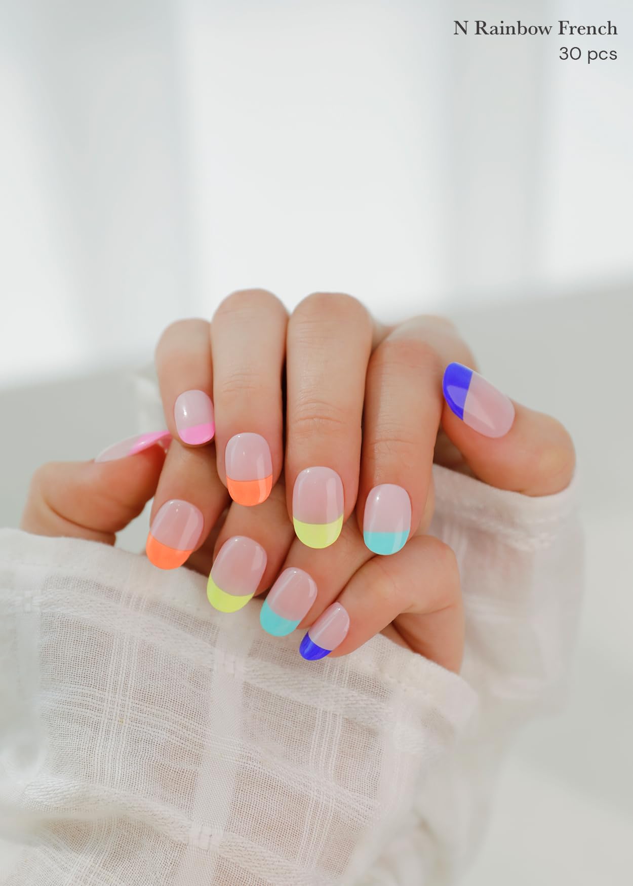 ohora Semi Cured Gel Nail Strips (N Rainbow French) - Nude, French, Works with UV/LED Lamps, Salon-Quality, Long Lasting, Easy to Apply & Remove - Includes 2 Prep Pads, Nail File & Wooden Stick